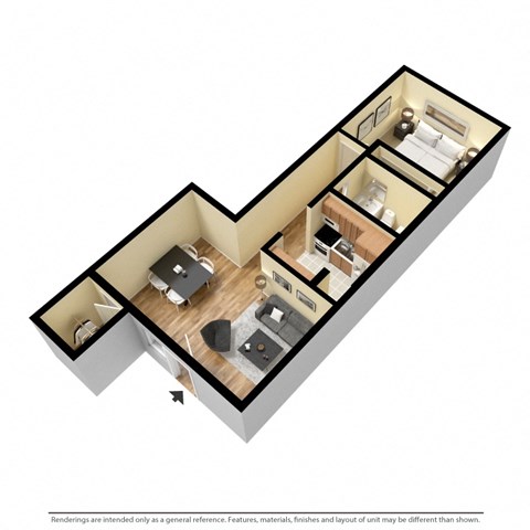 Floor plan for 1 bed, 1 bath, 563 sqft